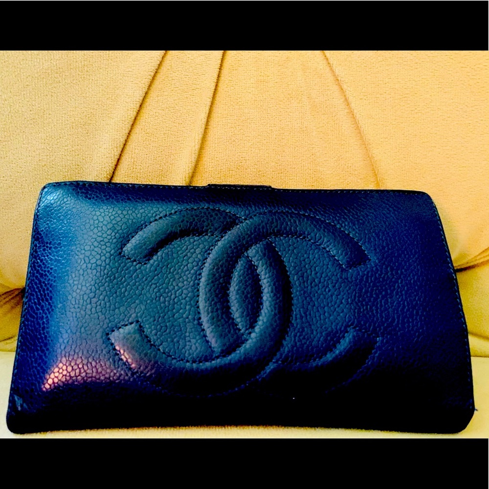 Authentic Blue Chanel Caviar COCO vintage checkbook cardholder